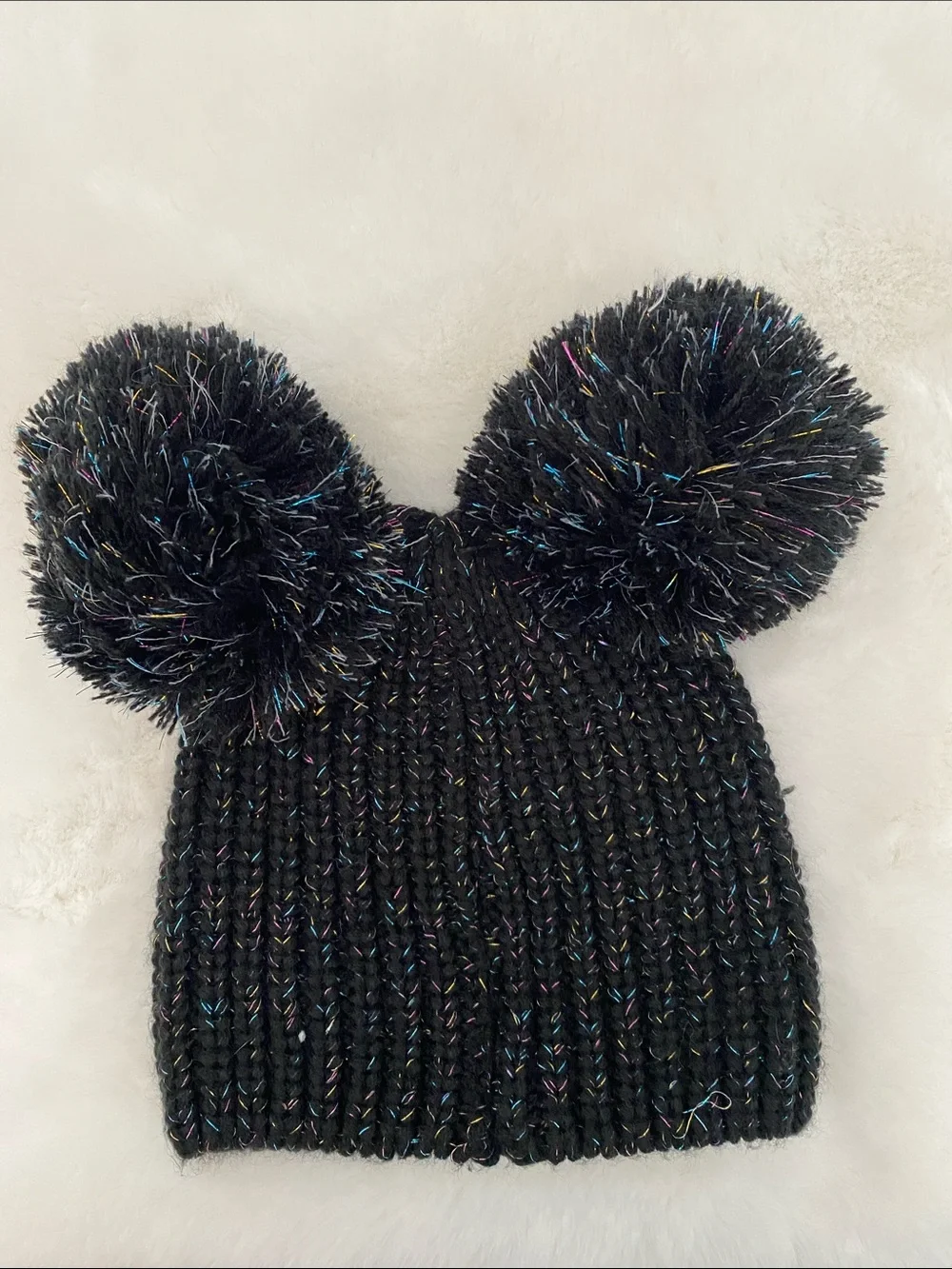 Justice Black Knit Beanie with Double Pom Poms and Glitter 'K' Patch